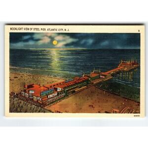 Atlantic City Postcard Moonlight Steel Pier Moon Texaco New Jersey Linen Tichnor